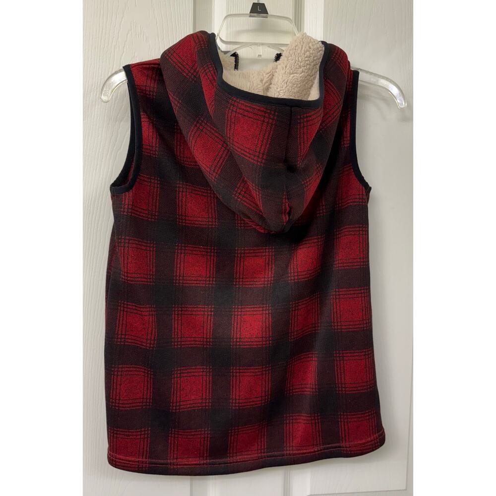 Eddie Bauer NWOT XS buffalo plaid red black vest sherpa tan hoodie women's - Picture 2 of 7